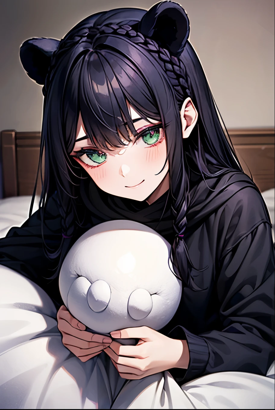 beautiful, (masterpiece), Highest quality, (extremely detailed face), extremely detailed eyes, Perfect lighting, 全体detailed, detailed, Deep Skin,Textured skin,
,bear costume ,black bear costume, Long sleeve, Wear a hood,,mallow , Long Hair, Green Eyes, Big smile,On the bed ,sit between the pillows,
,Long Black Hair, Hairstyle(Braiding), Hairstyle(((black navy blue, Dark Navy))), pupil(purple)