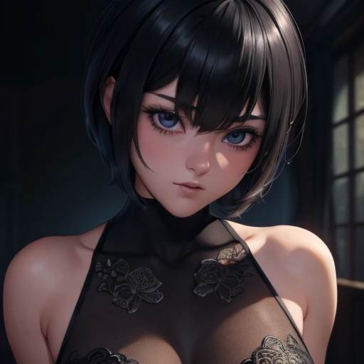 anime, a young women with black hair and green eyes, today's featured anime still, anime women, anime beautiful women, shuushuu anime image, female anime character, handsome anime pose, anime visual of a cute girl, in the anime film, short hair, bondage, bdsm, sadomaso, sexy, (partial nude), angry looking face, smirk on face, tattoos, piercing, nipple