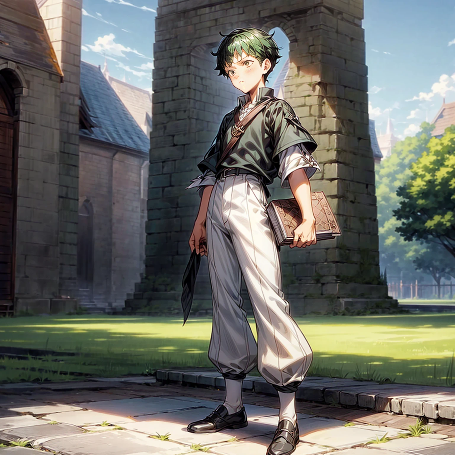 Solo character,  boy, full body version,green half black colour hair, short haircut, casual outfit, brown color outfit, white pants, shoes, outdoor, medieval, park, sky blue, (black clover style art), detailed clothing, detailed hair, detailed background, standing gesture, book in hand