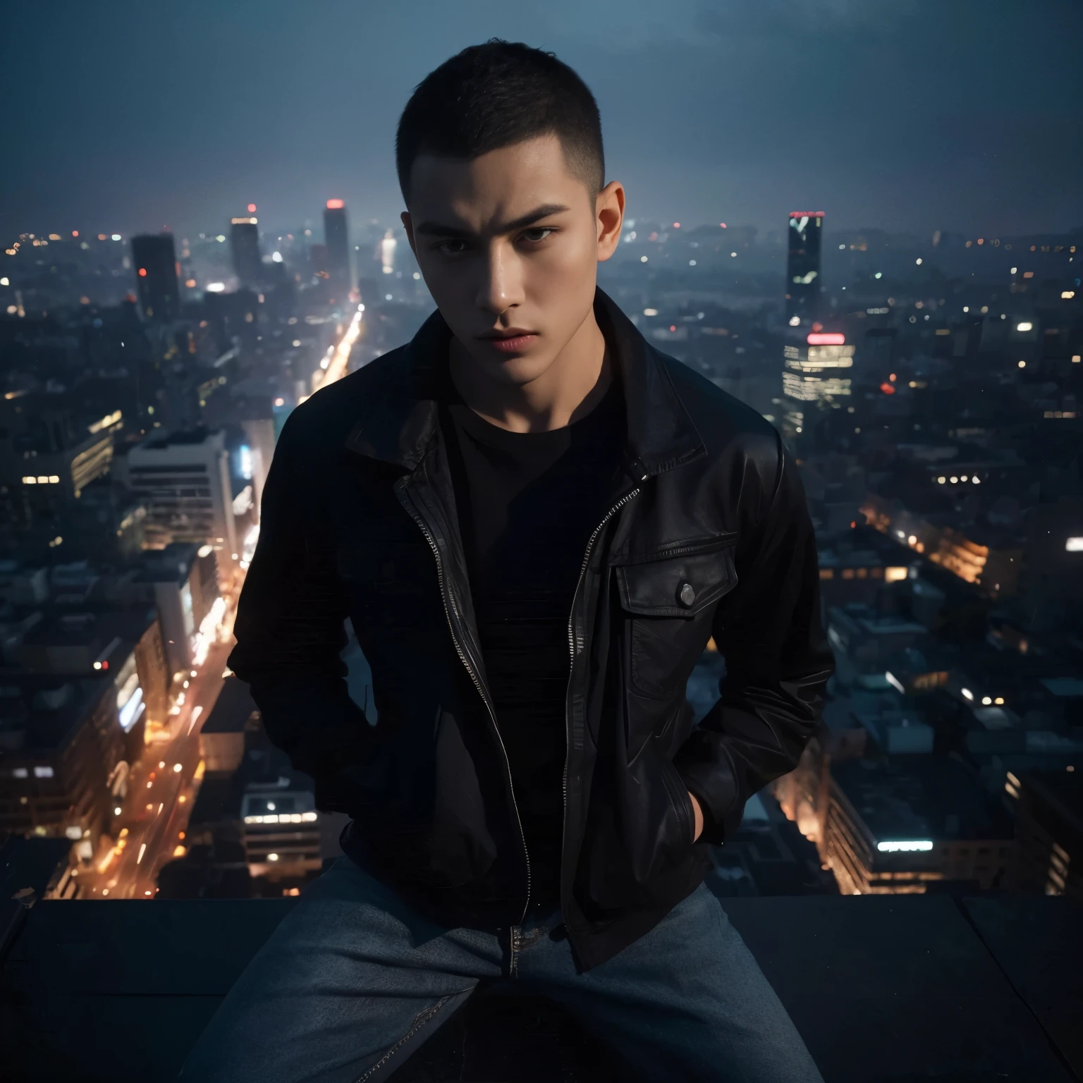 a man with short buzz cut hair, detailed face, wearing a black shirt, black jacket, and denim trousers, standing on top of a building at night, dramatic angle, dynamic lighting and shadows, cityscape in the background, (best quality,4k,8k,highres,masterpiece:1.2),ultra-detailed,(realistic,photorealistic,photo-realistic:1.37),portrait,cinematic,dramatic lighting