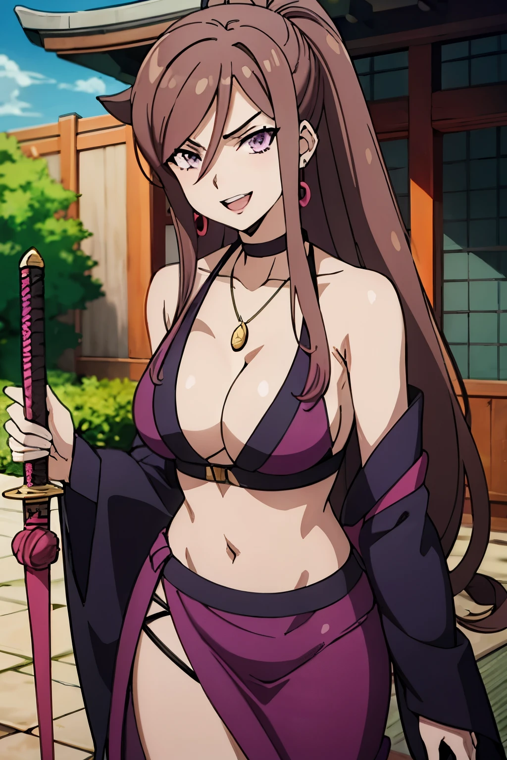  1girl, solo, claudia_synduality_noir, brown hair, purple eyes , long hair, choker, necklace, lipstick, blush, Hot girls, baddie, staring, glaring, bad attitude, mean girl, crazy, smoking, sensual, attractive, jewelry, earrings, masterpiece, best quality, highly detailed, a anime girl in kimono dress ,holding sword, bare
shoulder,open kimono, evil smile, open mouth, crop top , (nsfw) not safe for work, smile, ecchi anime
style, anime girls, ecchi style, ecchi, digital anime art!!, in anime style, official artwork, visual novel cg,
beautiful anime girl, anime style 4 k, kimono pencil skirt, exposed belly, exposed navel,
exposed midriff, exposed lower belly, outdoor, japanese architecture, temple