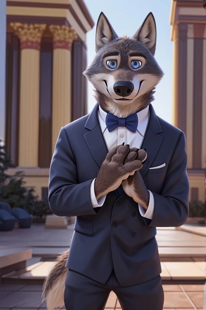 Larry (Zootopia), wolf, Gray Fur, (brown body:1.3), beautiful blue eyes, Zootopia, dressed,blazer,pink shirt,trousers,boutonniere,the bow tie, canine,wolf, detailed fur, male, second, paw pads, finger claws,одевает the bow tie, Games,At the viewer, 5 fingers, paws, 4 toes, in the wedding palace, groom, next to my stepfather, белый wolf, 
BREAK from nextel, for dating, by xenoforge, (difficult, high detail,digital photography, soft focus, RAW, close to the camera, smile, positive, Good, mood, Houses, looks at the viewer, очень close to the camera,his wedding, palace church, Photorealism, realistic, photorealistic,digital style, Subsurface scattering,очень close to the camera
шедевр, Best quality, ultra realistic, 8 thousand.)