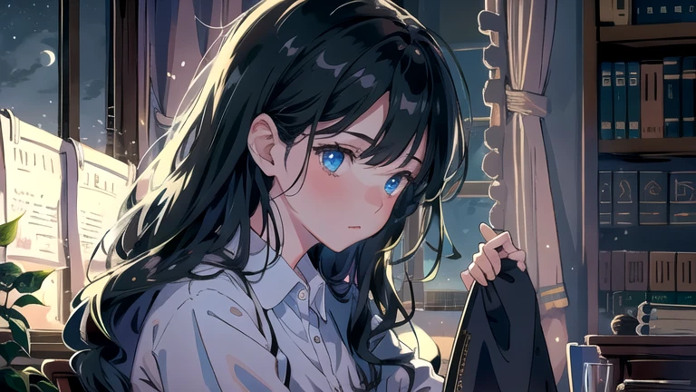 Create an illustration of a girl with black hair and blue eyes, sitting in a chair in front of a desk, Sentimental, Introspective look。, The moonlight gently shines into the room, Gently illuminate the space, Curtains sway in the wind, Increase tranquility, Dark mood, Emphasise the theme of loneliness, silence, And the depths of night, The room is dark、dimly lit by the moonlight