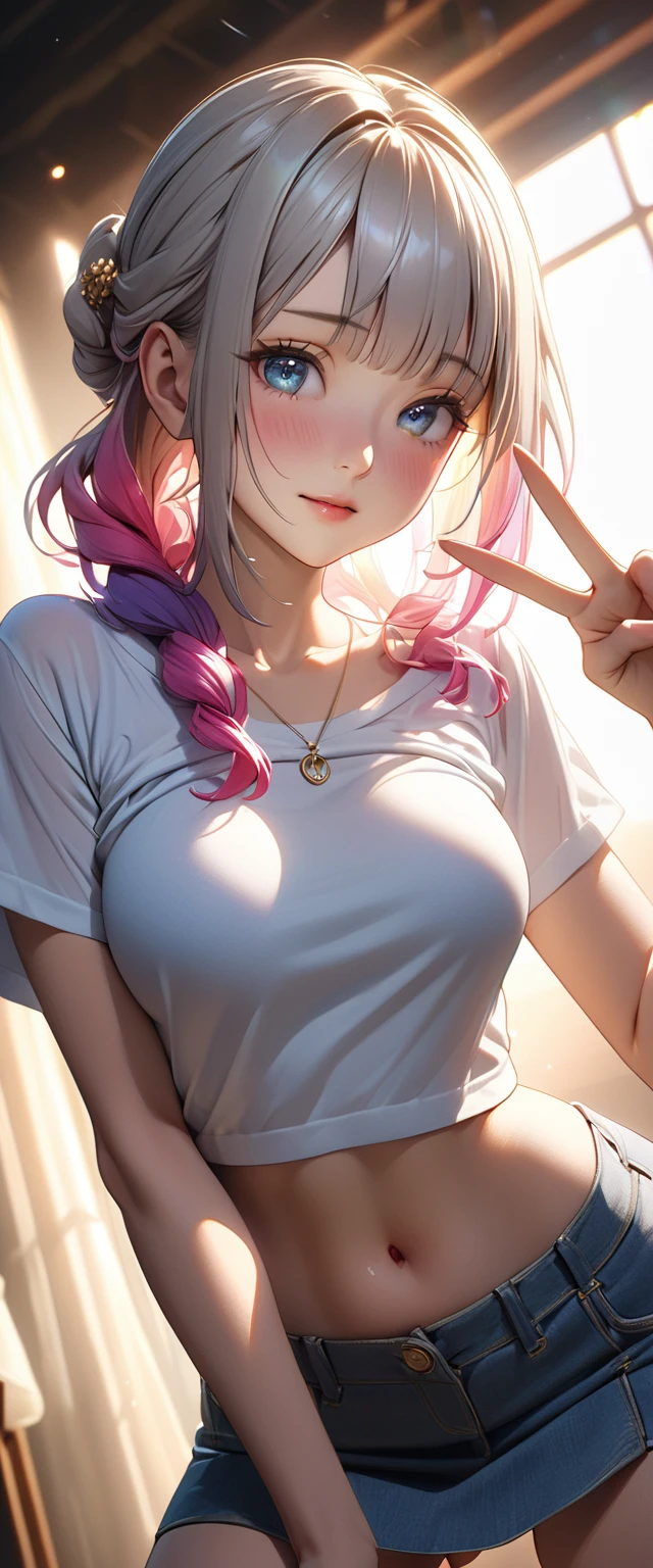 Masterpiece、最high quality、high quality、High definition、High resolution、High detail、Lens flare、Ray tracing method、high qualityの質感、high qualityの影、Beautiful details、Detailed and delicate、Detailed texture、Realistic facial expression、Realistic and colorful、Delicate、Cinematic Light、Side light、Sharp Focus、(1 woman:1.3)、(Intricate details、Makeup、Pure Eros Face_v1:0.5)、(Details Beautiful delicate face、Detailed beautiful delicate eyes、Perfect Facial Proportions、Detailed skin、Charm)、fancy hairstyles、Beautiful bangs、(Two-tone gradient hair color)、slender、(Upturned beautiful breasts)、Raise your arm and make a peace sign、(Detailed crotch、Showing off your crotch)、Female juice、((Experiencing the best orgasm))、(Light-colored V-cut、Light-colored thong)、(Thigh mini skirt、Low-rise mini skirt)、(Front-facing shirt、No sleeve、Crop top)、(The wind blows and sways、 roll up)、Low-angle composition