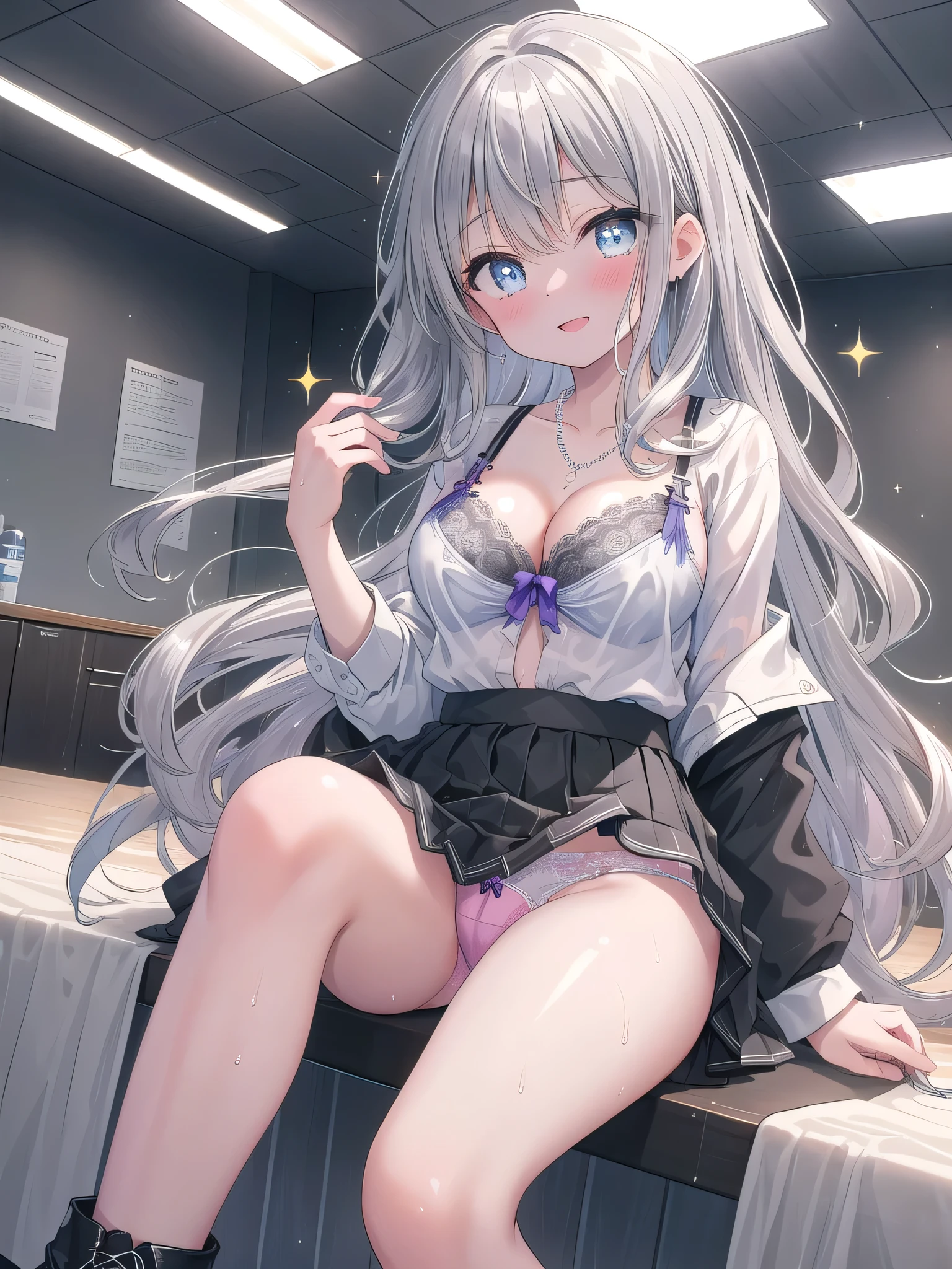 ((8K, Highest Quality, Masterpiece:1.3)), Ultra High Quality, (1 Girl, 1 Person), (Color Changing Eyes, Super Detailed, Expressive Sparkle, Sparkling Eyes), Highly Detailed Eyes, Highly Detailed Face, Random Hair, (Silver Gray Color), Revealing, Floral Blouse, High Waist Flared Skirt, Round Frame Sunglasses, Lace-up Ankle Boots, Pearl Necklace, Pale Lip Color, Wavy Hair, (Cute Bra, Cute Panties:1.2), (Ecstatic Face:1.3), Sitting with Legs Spread, Cleavage, Wet Panties, Angle from Below, White Skin, (Corporate Conference Room, Dim:1.2), Fantastic Light