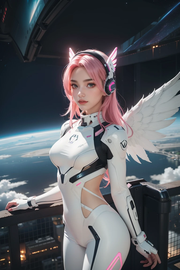 ((masterpiece, best quality, extremely detailed), volumetric lighting, ambient occlusion, colorful, glowing), 1girl, solo, young girl, (pink hair), long hair, halo, aura, sacred, godness, cyber suit, (white outfit:1.3), android, bot, angel wings, outdoors, sunset, sky, clouds, space, (cyberpunk theme:1.2),