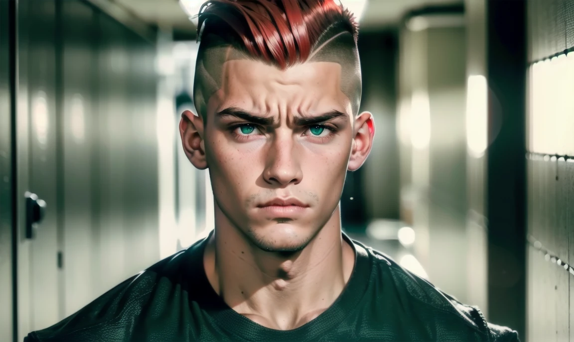 "((highly detailed, detailed eyes, detailed face, clear and realistic facial features, photorealistic, realistic light; cinematic)), (1 man), ((((school hallway background)))), (((gorgeous tough bully male))), ((18-year-old teenage male)), ((((glaring expression)))), ((intimidating mood)), ((blue-green eyes)), ((short black hair with an undercut)), (((dressed to look attractive))), ((red tint in hair))."