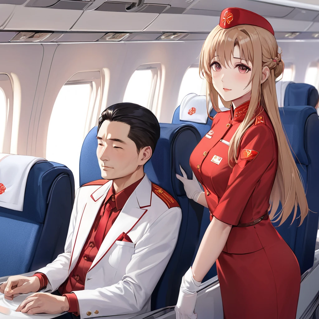((Highest quality)), ((masterpiece)), (detailed), （Perfect Face）、The woman is a Chinese flight attendant for Air China, named Yuuki Asuna, with light brown, medium-long hair.、The woman is wearing the red uniform of an Air China flight attendant.、The woman is a special flight attendant reserved for honorable members of the Chinese Communist Party, and is especially beautifully dressed to serve and be loved by the Communist Party members.、The woman was a first-class passenger, a dignified elderly man who was a member of the Chinese Communist Party, and was serving him with all her heart and soul.