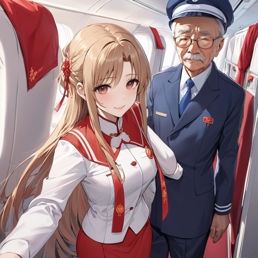 ((Highest quality)), ((masterpiece)), (detailed), (Perfect Face)、The woman is a Chinese flight attendant for Air China, named Yuuki Asuna, with light brown, medium-long hair.、The woman is wearing the red uniform of an Air China flight attendant.、The woman is a special flight attendant reserved for honorable members of the Chinese Communist Party, and is especially beautifully dressed to serve and be loved by the Communist Party members.、The woman was a first-class passenger, a dignified elderly man who was a member of the Chinese Communist Party, and was serving him with all her heart and soul.