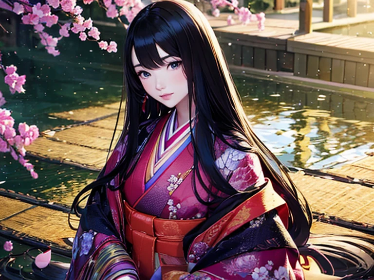 (Highest quality、 8k 、masterpiece、High resolution)、Heian period、A beautiful young woman from the nobility、、(Straight hair、Long, beautiful black hair)，(12 Single layer kimono、The beauty of layered colors)，Official Art、Detailed CG、