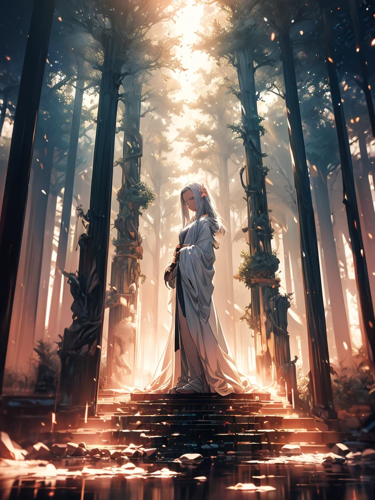 Beautiful girl in a transparent gray robe standing in a dark forest, Magnificent style, Octane Rendering, Desert Composition, Beautiful Face, Surreal, Oil on canvas, Awards, artwork, Art Station Trends, Studio Ghibli, Close-up of a girl