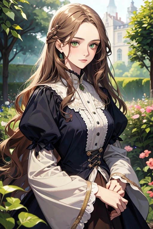 a digital painting of a woman with long brown wavy hair, green eyes, a young noble woman from the 1800's , soft features, navy blue dress, in a garden, portrait style