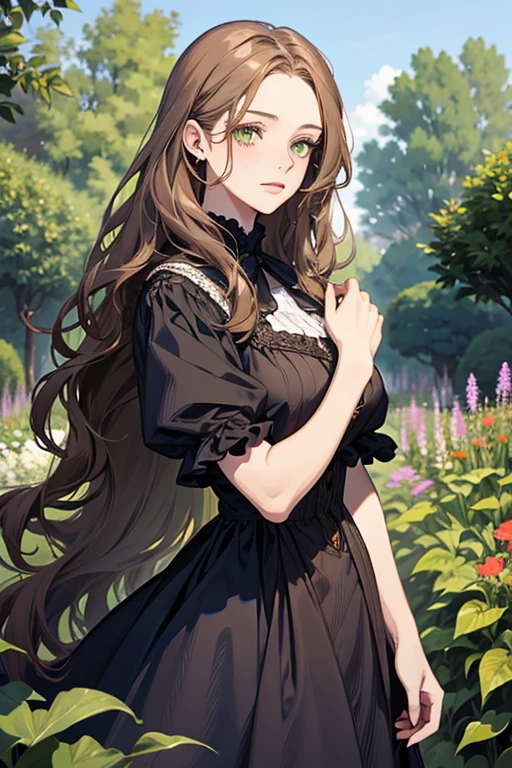 a digital painting of a woman with long brown wavy hair, green eyes, a young noble woman from the 1800's , soft features, navy blue dress, in a garden, portrait style