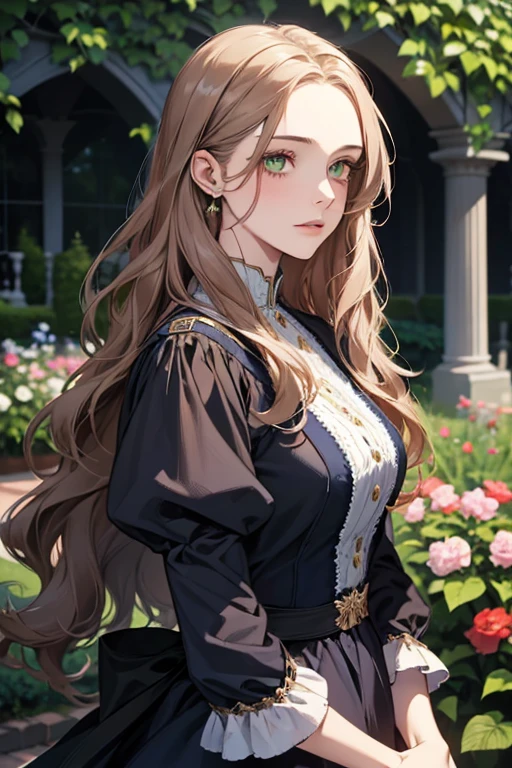 a digital painting of a woman with long brown wavy hair, green eyes, a young noble woman from the 1800's , soft features, navy blue dress, in a garden, portrait style