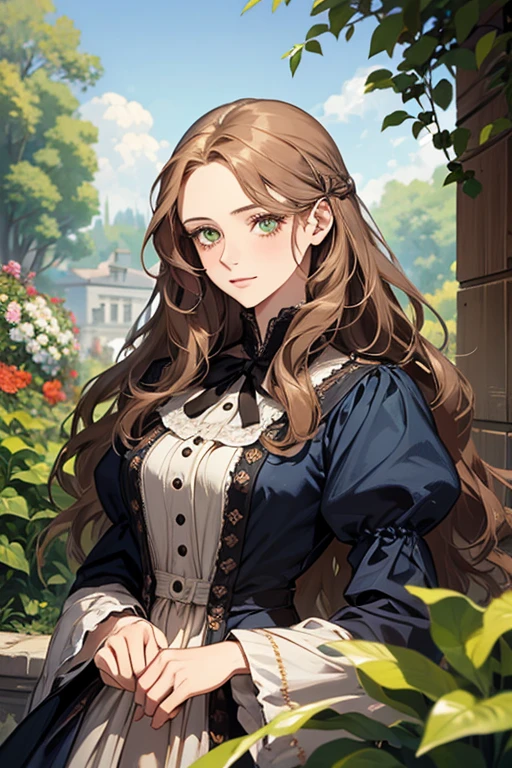 a digital painting of a woman with long brown wavy hair, green eyes, a young noble woman from the 1800's , soft features, navy blue dress, in a garden, portrait style