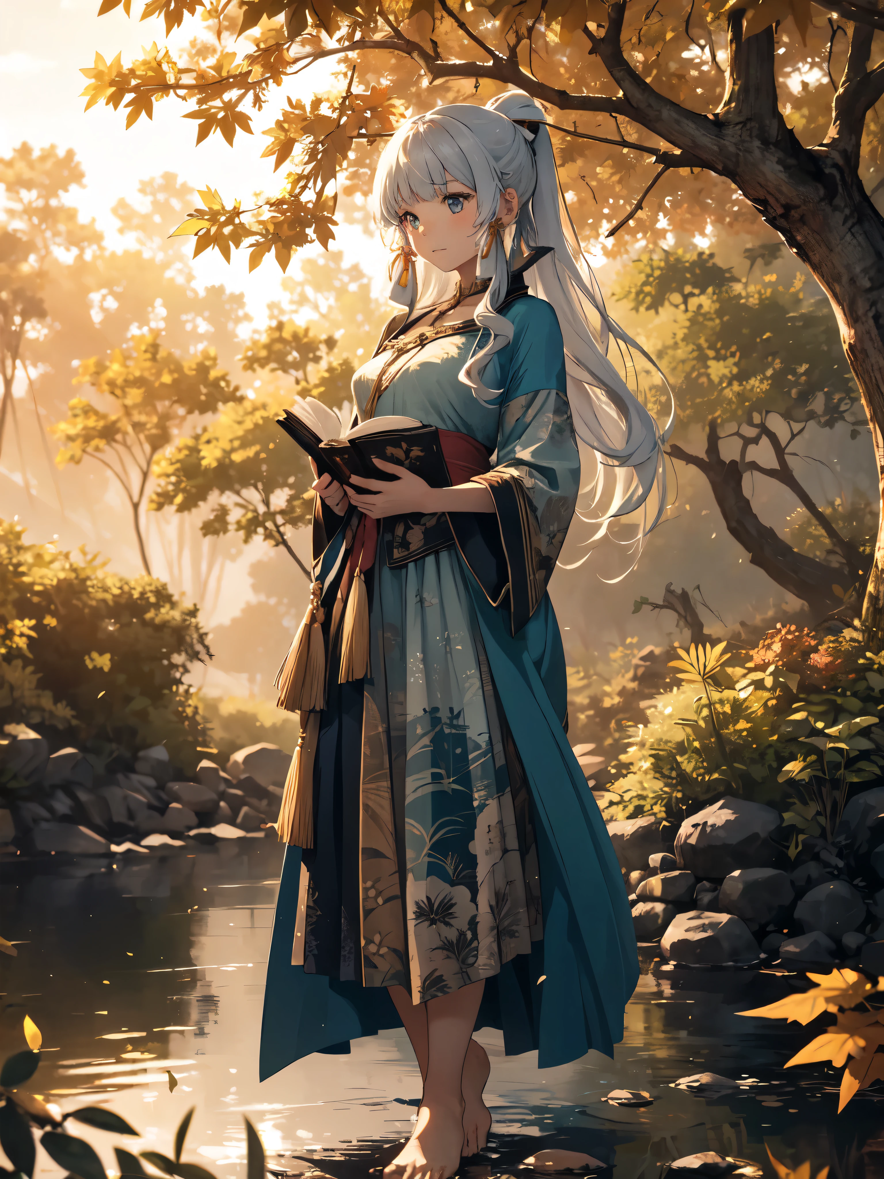 "A young woman with long, wavy auburn hair sits gracefully on a tree branch in a serene autumn forest. She is dressed in a light, floral-patterned dress that drapes softly over her legs, with bare feet resting on the branch. In her hands, she holds a book, clasped close to her chest, as she gazes thoughtfully into the distance. The golden light of the setting sun filters through the leaves, casting a warm, ethereal glow on her face and the surrounding foliage. The scene captures a moment of tranquil reflection amidst the natural beauty of the fall season, with leaves scattered on the ground and branches overhead creating a picturesque backdrop."