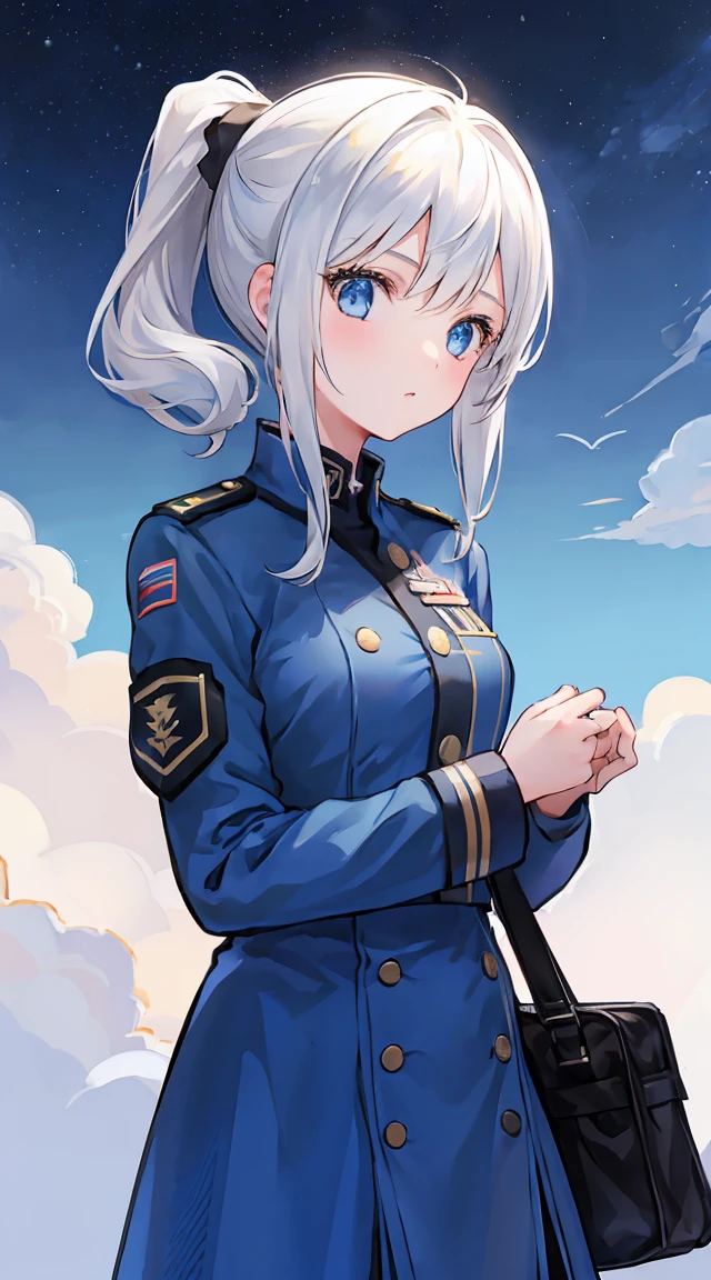 A girl in a military uniform that is mostly white with blue accents、White hair ponytail、Blue Eyes、Android Girl