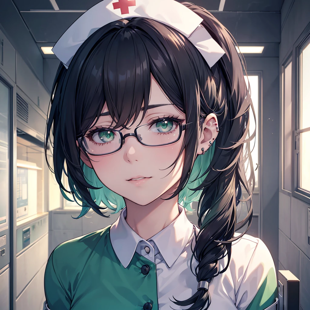 A beautiful, detailed anime-style portrait of a mischievous-looking young nurse, She is wearing a nurse's uniform but no hat, and has a pair of glasses perched on her face, standing in a bright hospital hallway, viewed from a low angle. She has long, wavy black hair, piercing green eyes, and a slightly condescending expression. The background features medical equipment and greenery, with soft, flattering lighting. adding to her confident, slightly domineering demeanor. (best quality,4k,8k,highres,masterpiece:1.2),ultra-detailed,(realistic,photorealistic,photo-realistic:1.37),1girl,beautiful detailed eyes,beautiful detailed lips,extremely detailed eyes and face,long eyelashes,nurse uniform,black hair,green eyes,glasses,mischievous expression,low angle shot,hospital hallway,medical equipment,soft lighting,anime style.big tits.