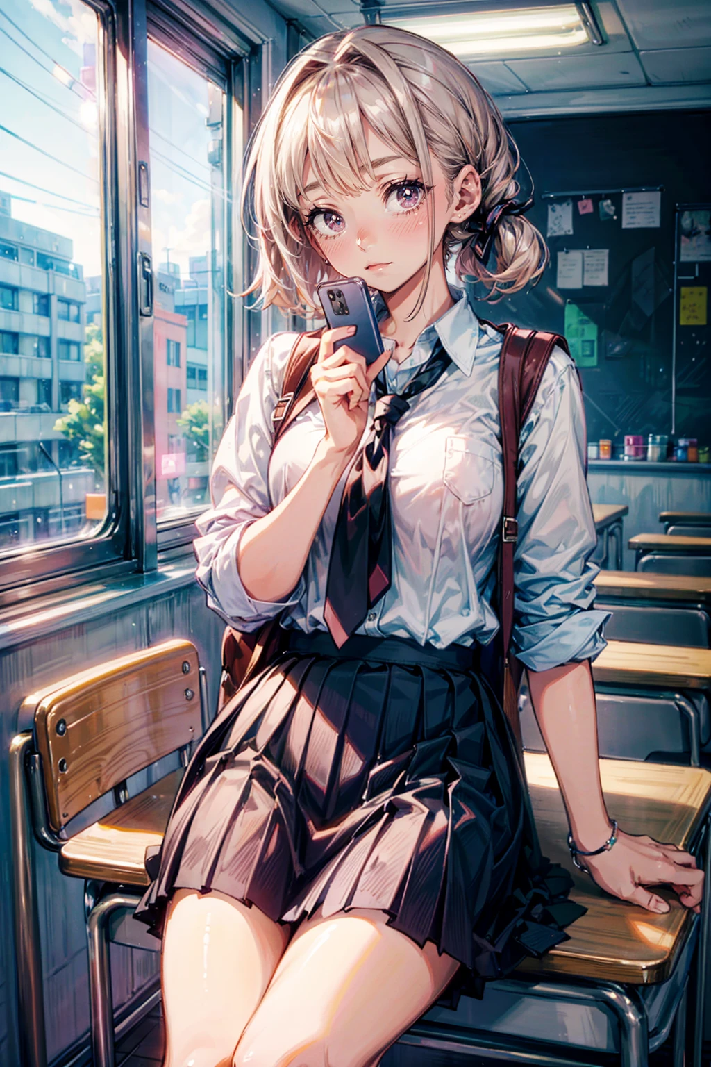 1girl,solo,cute,blush,skirt and shirt,student,after school,hold a mobilephone,in classroom