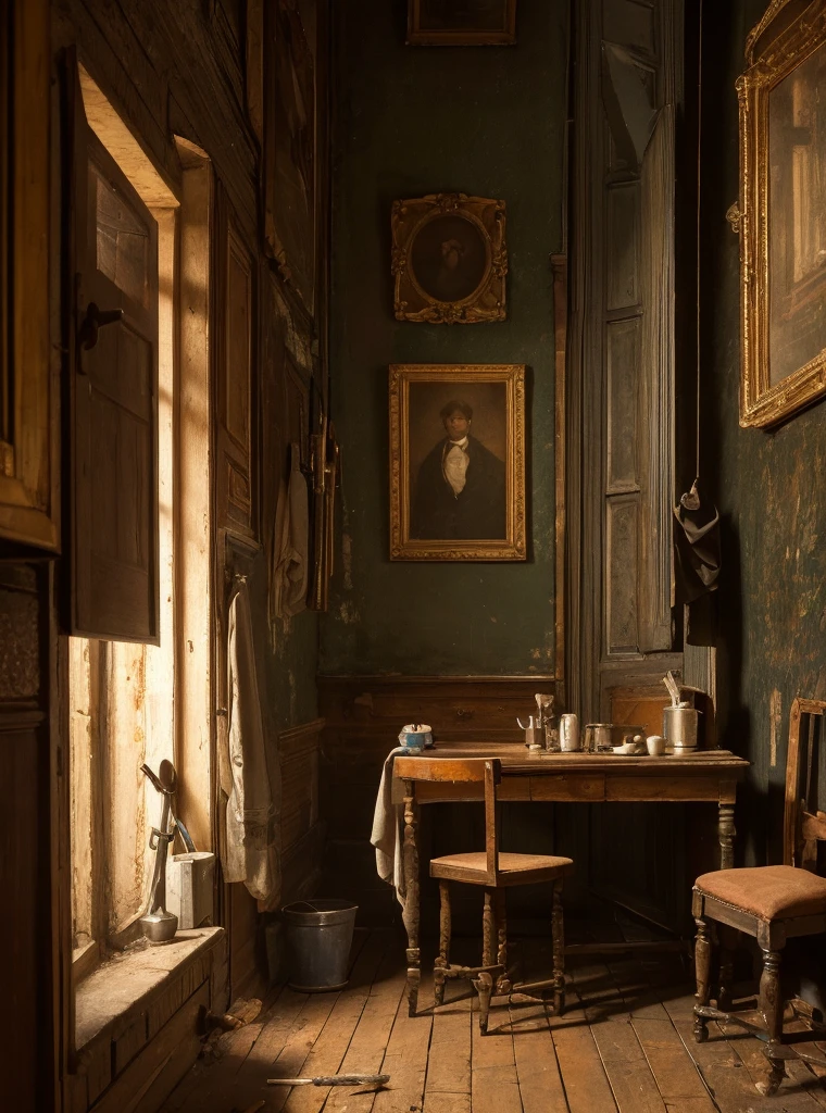 dirty and small room,tooth extraction forceps,19th century,in Europe,at night ,realistic picture