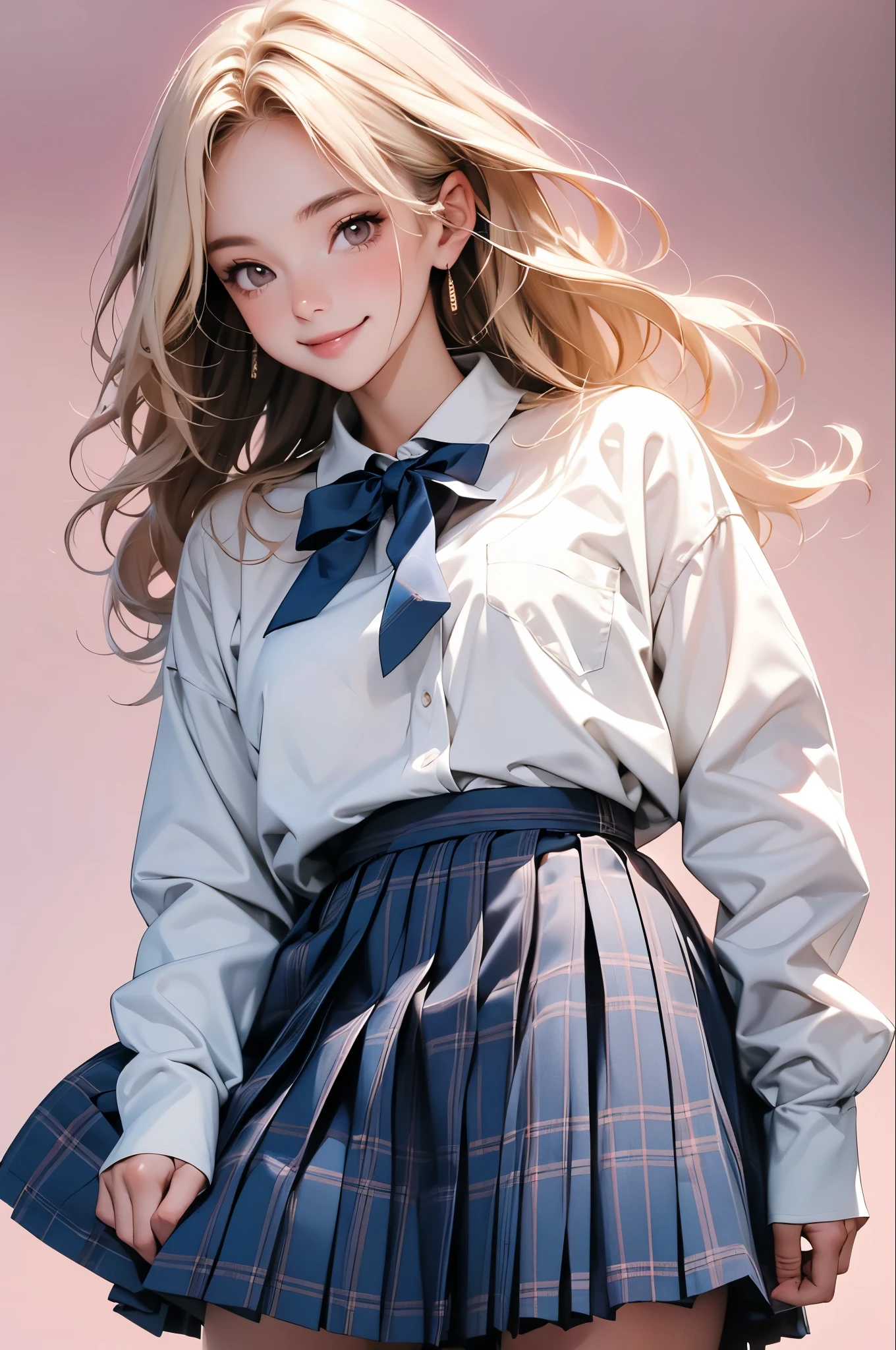 high resolution,smile,happy,light smile,woman,woman1人,adult,Clear,cute, Blonde Hair,BREAK, Brown eyes,BREAK,wavy hair,long hair,BREAK, high school girl,uniform,White Y-shirt,Long sleeve Y-shirt,BREAK, Dark blue plaid skirt,Pleated skirt,BREAK,glitter hair pin, Facing forward,BREAK,Pink background,