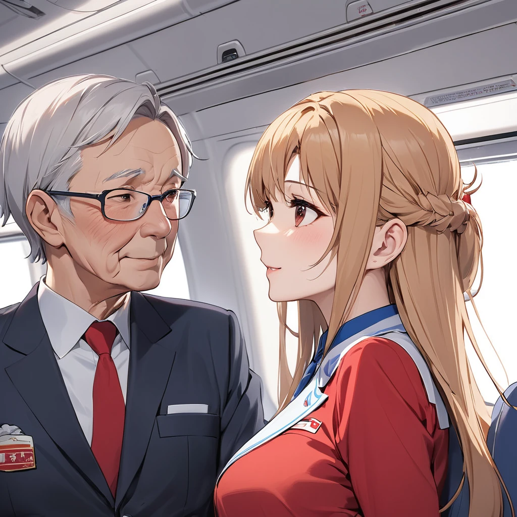 ((Highest quality)), ((masterpiece)), (detailed), (Perfect Face)、The woman is a Chinese flight attendant for Air China, named Yuuki Asuna, with light brown, medium-long hair.、The woman is wearing the red uniform of an Air China flight attendant.、The woman is a special flight attendant for the honored Communist Party of China members, dressed beautifully and serving them as an in-flight wife.、The woman is a first-class passenger who serves an elderly man who is a member of the Chinese Communist Party and enjoys the utmost affection from the elderly man.、She sits next to the man sitting next to her and provides sexual entertainment, happily and sincerely serving as an in-flight wife.、A man and a woman are alone making love in the first class cabin.