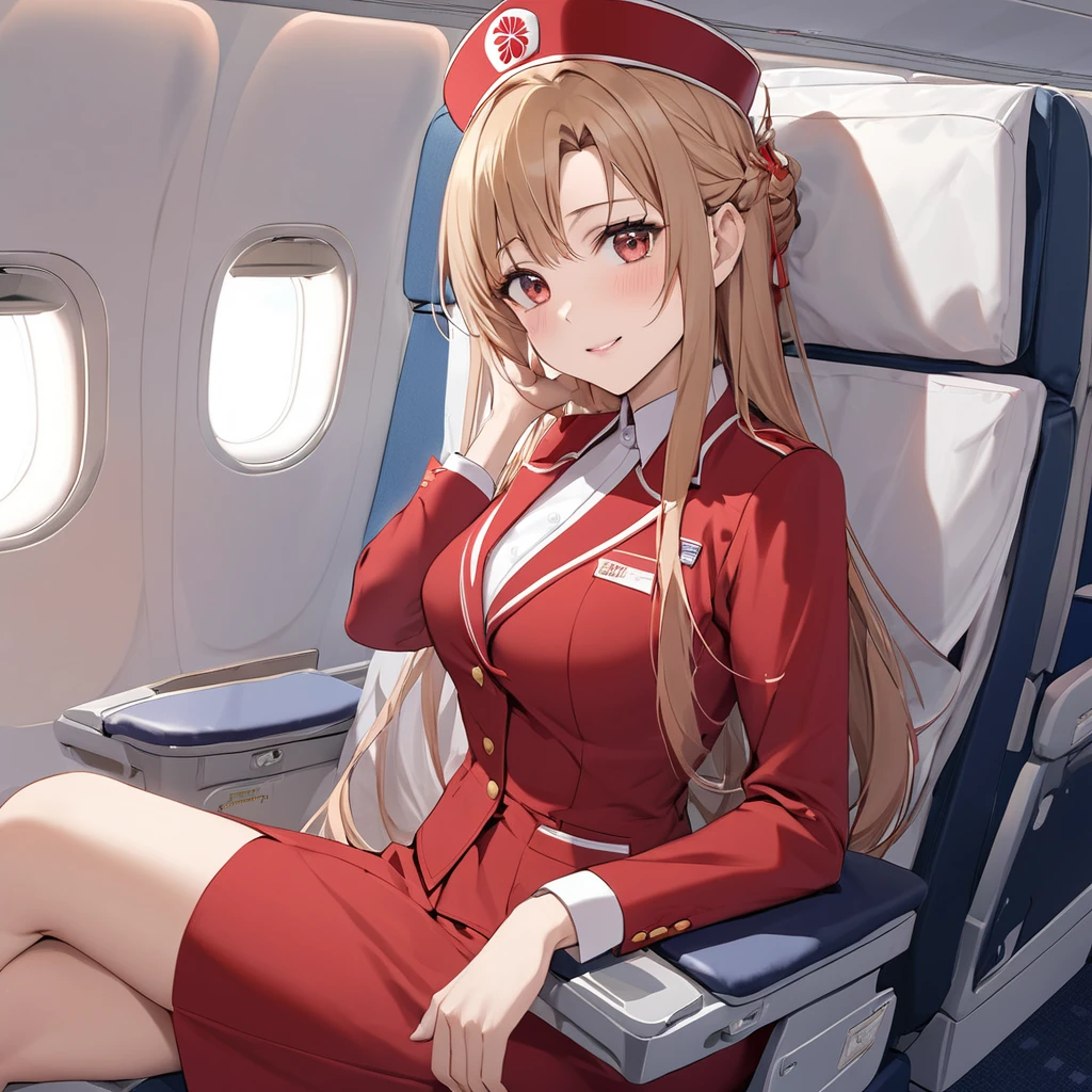 ((Highest quality)), ((masterpiece)), (detailed), （Perfect Face）、The woman is a Chinese flight attendant for Air China, named Yuuki Asuna, with light brown, medium-long hair.、The woman is wearing the red uniform of an Air China flight attendant.、The woman is a special flight attendant for the honored Communist Party of China members, dressed beautifully and serving them as an in-flight wife.、The woman is a first-class passenger who serves an elderly man who is a member of the Chinese Communist Party and enjoys the utmost affection from the elderly man.、She sits next to the man sitting next to her and provides sexual entertainment, happily and sincerely serving as an in-flight wife.、A man and a woman are alone making love in the first class cabin.