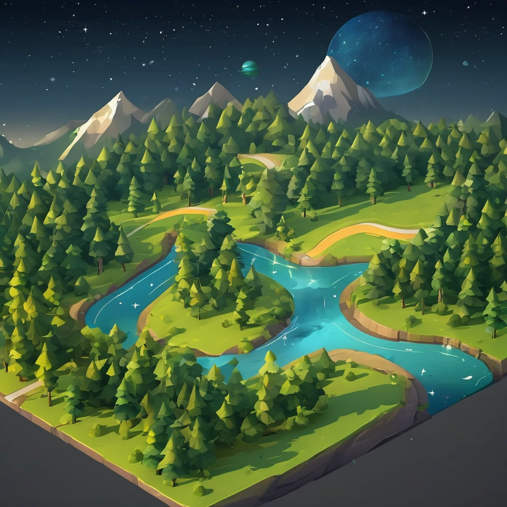 ((masterpiece, best quality)), absurdres, Isometric_Setting, woods, forest, river banks and road trails, grassfield, space and stars background
