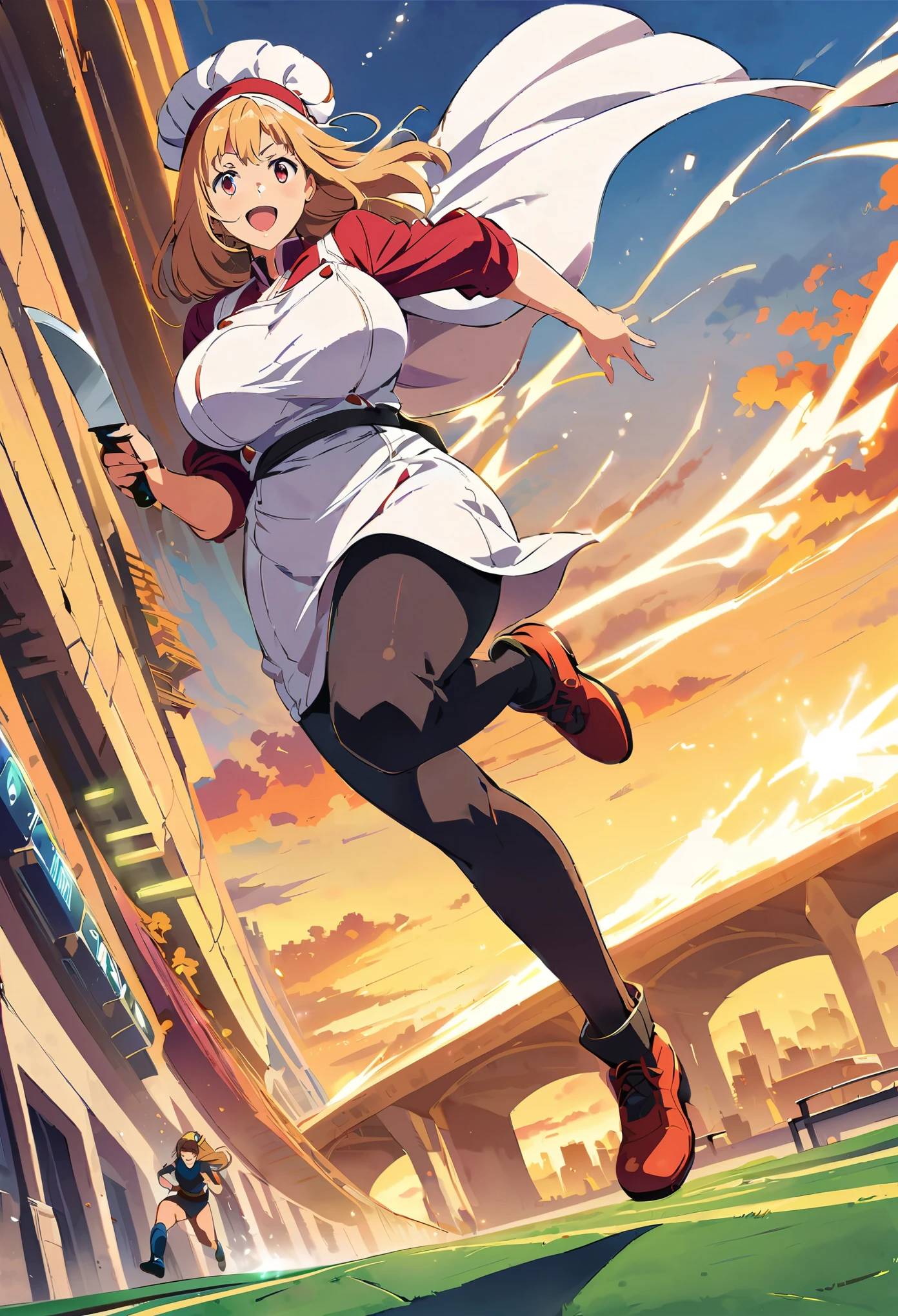 beautiful middle age woman floating over a urban city,sci fi, illustration by Makoto Sinkai,digital anime art,chef woman holding cooking knife,huge busty,side view,run,high-speed,Full body illustration, Beautiful woman running at full speed ,Anime illustration ,Sprint, Smile, French restaurant background