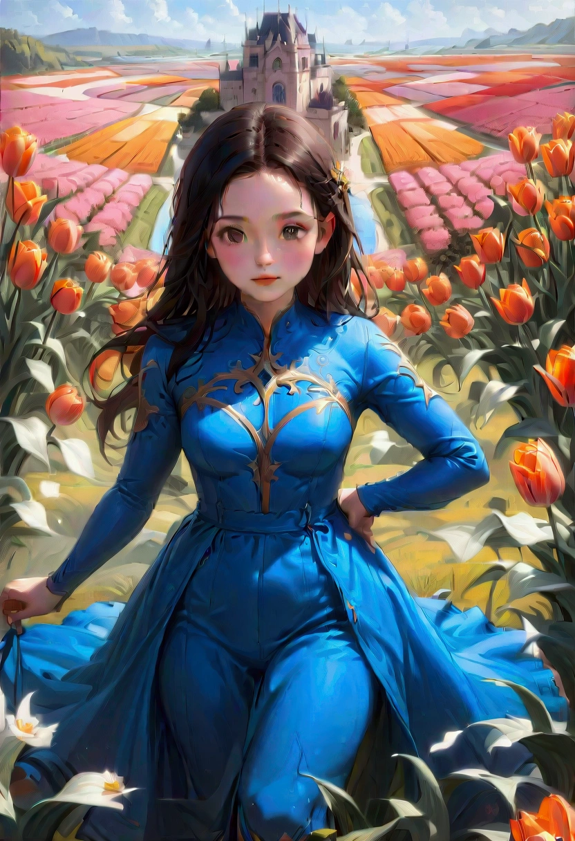 1girl, A field of vibrant tulips, beautiful detailed petals, lush green foliage, serene countryside landscape, warm golden hour lighting, (4k,8k,highres:1.2), ultra-detailed, HDR, UHD, studio lighting, ultra-fine painting, sharp focus, physically-based rendering, extreme detail description, professional, vivid colors, landscape, natural lighting, scenic, idyllic, masterpiece, best quality, very aesthetic, absurdres