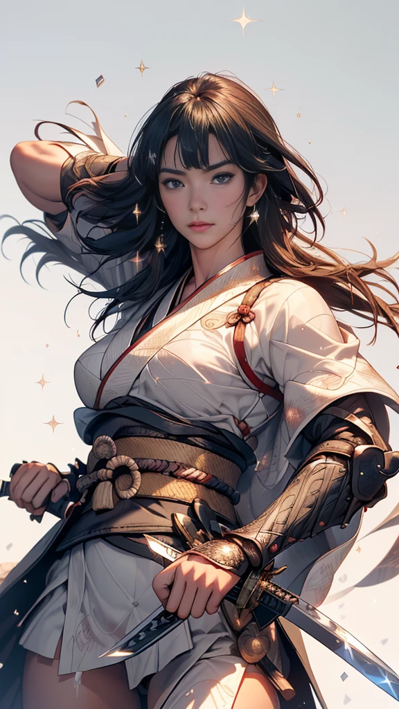 Cowboy Shot、((White Background))、One Woman、Very beautiful woman、Slender women、Thin eyebrows、Watery eyes、(warrior:1.2)、Big Breasts、Open chest、(Detailed face)、Realistic Skin、((Delicate photo)),(Girl Astepeace RAW Photo Details:1.25), (Highest quality:1.6), (Ultra-high resolution:1.5), (Realistic:1.75), 8k resolution, Absurd, Very detailed,Cinema Lighting,(Sengoku period)、((Long hair with bangs))、(((一本のJapanknife)))、(((knifeを握る:1.3)))、In combat、The wind is blowing、Worth a thousand warriors、kimono、A proud woman beloved by the God of War rules the battlefield with a sword in her hand.、1 Woman Standing, ((pulling Japanese sword from sheath on waist)), (艶のある紫色のkimono) 、(Black Hakama), Mature Woman, Cool look, (Holding (knife:1.2)), ((((The blade glitters)))), (Holding sword sheath:1.5) , Japan