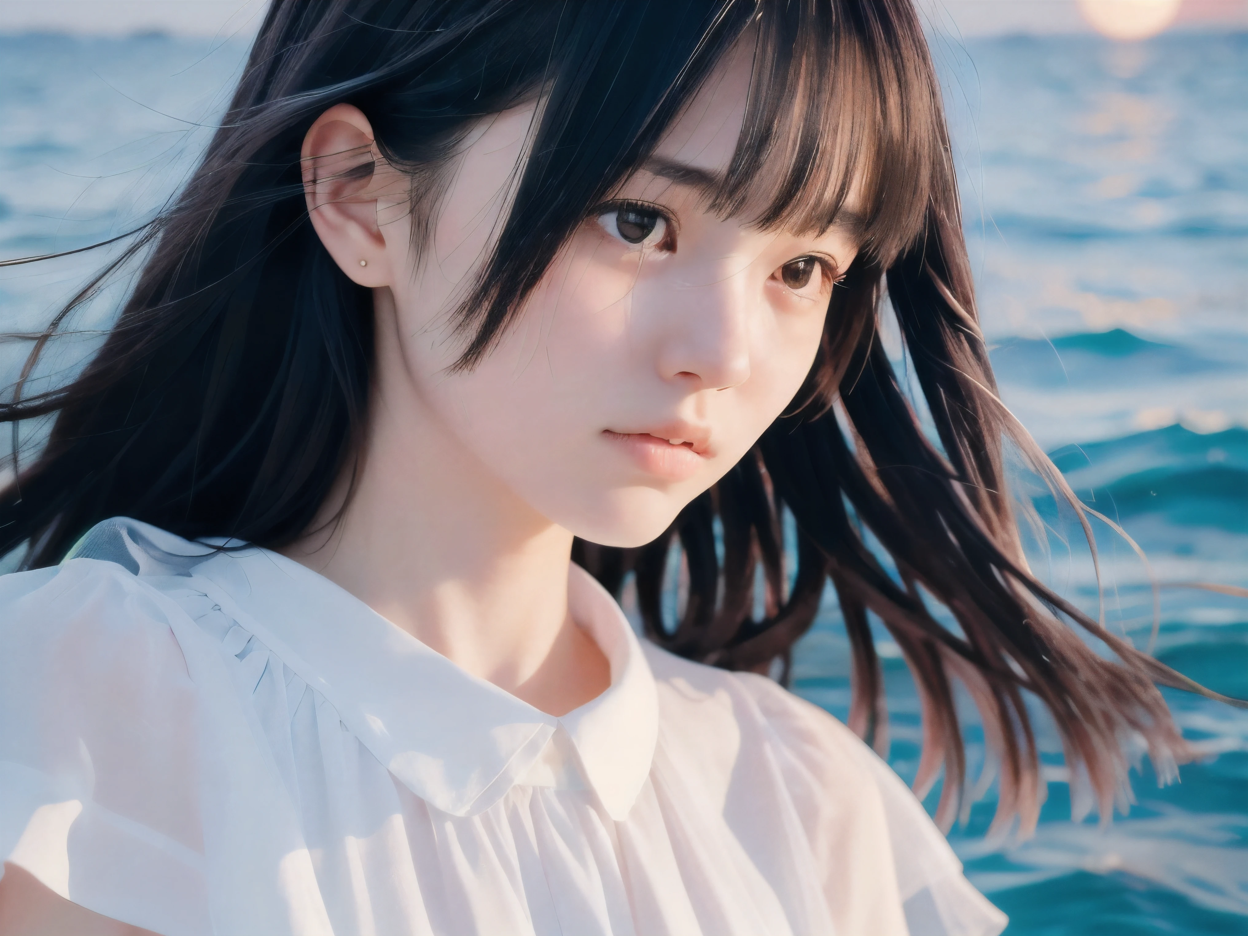 (Close up face shot of slender small-breasted two side up black medium hair with bangs girl wearing a white summer dress:1.5)、(One girl is crying with tears at the cape of the sea in Japan:1.5)、(Beautiful midnight with  full moon and stars on the sea:1.5)、(blurred background:1.5)、(Natural light:1.5)、(8k ultra detailed master piece:1.5)、(perfect anatomy:1.5)、(Photorealistic stick:1.5)、(Raw photo:1.3)、(highest quality:1.5)、(High resolution:1.3)、(Delicate and beautiful perfect face:1.3)、(Delicate and beautiful eye air skin:1.3)、(Real Human Skin:1.3)、((thin legs))