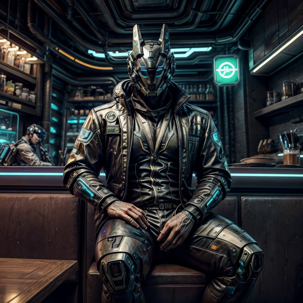 male, (muscular, only Glowing cyberpunk future helmet, business suit,) realistic, cafe, sitting in front, hero,