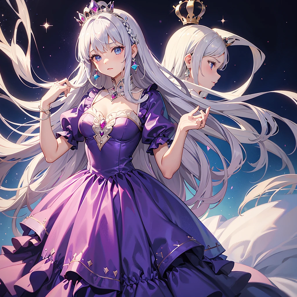 Princess, princess dress, purple dress, puffy sleeves, breasts, tan skin, crown, long hair, silver hair, blue eyes, teasing, diamonds, jewelry, earings, water, wet, 1girl, solo, mastrpiece