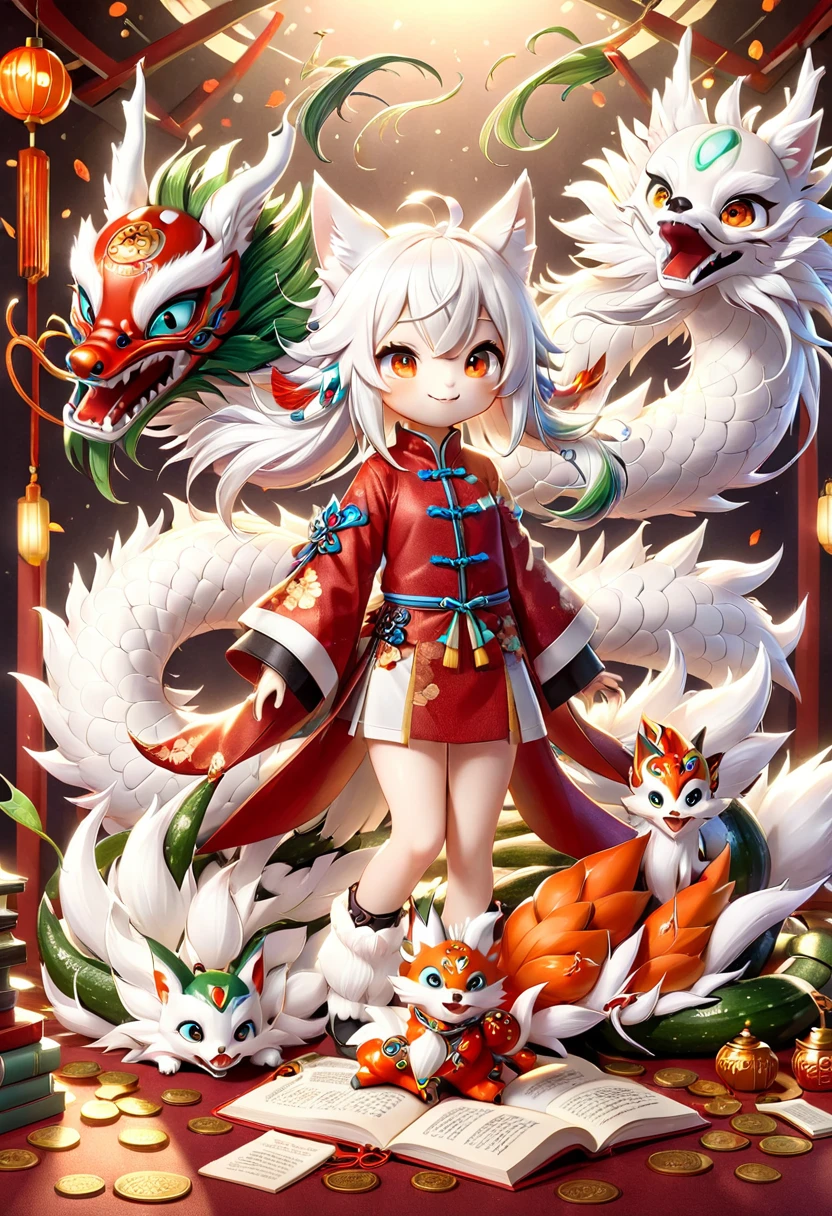 full body display、Images of Japanese monsters、Nine-tailed fox、The tail9A fox with a book、9本のThe tail扇状に広がっている、Fantastic tail art、Cucumber fox、White fox、animal、White fox、fox、Fantastic fox、very very beautiful fur、Fantasy leather art