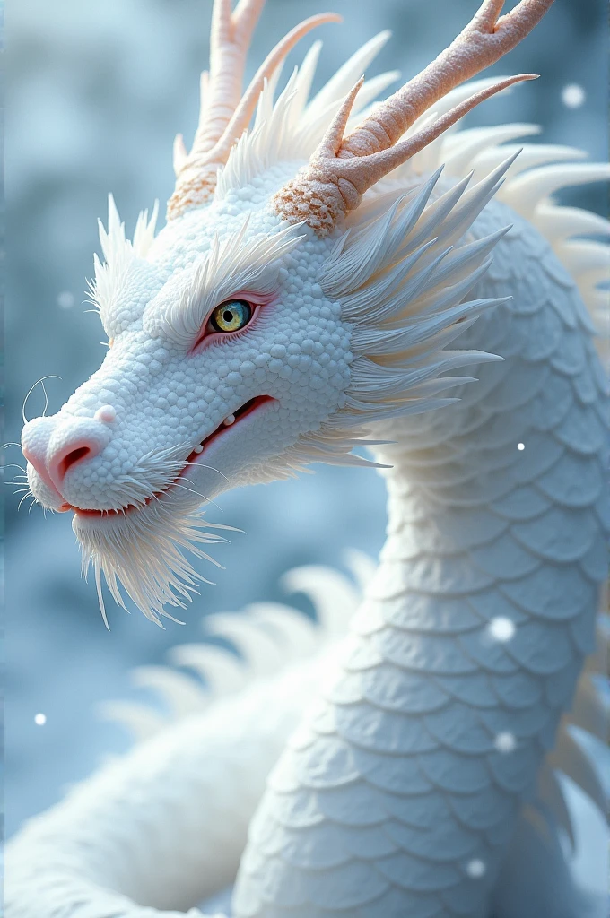 ((Highest quality)), ((masterpiece)), (detailed), White Dragon, white fire, snow,Big Dragon,口から吹snowを吐く,