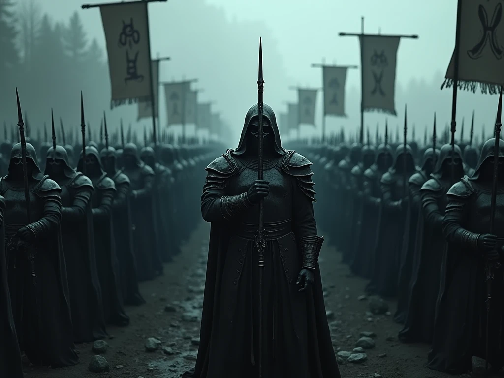 Cinematic shot of the dark army assembling: shadowy figures in dark armor, wielding sinister weapons. Banners with ominous symbols fluttering in the wind. Realistic, intimidating, and powerful, with an epic, movie-like feel.