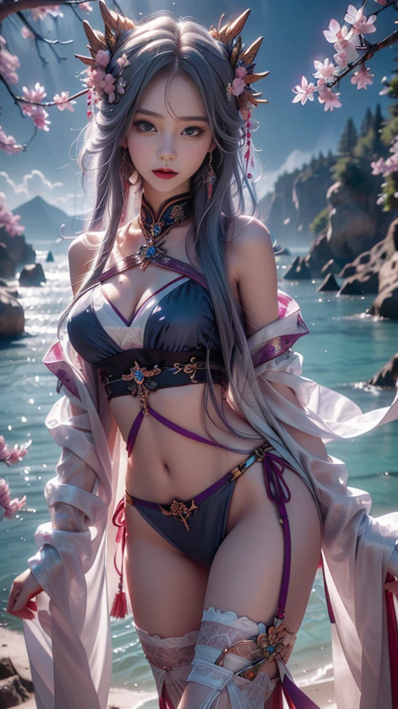 8 K, ultra HD, masterpiece, HD colors, 1 girl, perfect face, Very long curly hair, detailed eyes, simple clothes, ((purple clothes)), stocking, ((crisscross lace)), sardine, belts, Clean clothes, ((long loops)), Jewelry, coastline, Realistic landscapes, epic landscapes, Sunrise, evening, clouds, Butterfly, cherry blossom, blowing wind, perfect pose, thin waist, bikini