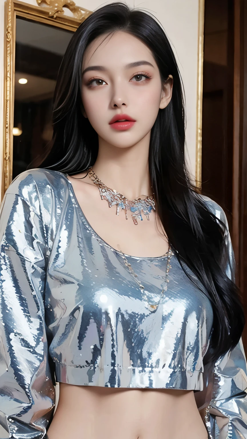 Low-cut sequined crop top,necklace. (best quality : 1.2), (masterpiece, reality : 1.3), super detail, positive face