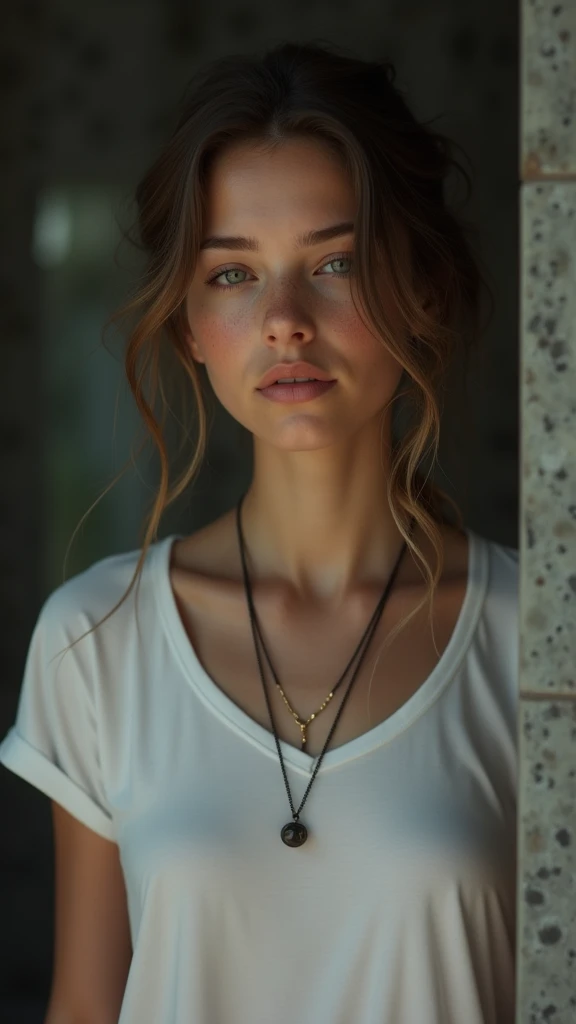 (masterpiece, photorealistic:1.4, extremely intricate:1.3, radiosity, photon mapping, dtx, 8K), ((((closeup necklace, white t-shirt, humid, [medium breasts:large breasts:0.8])), humid, [skin detail:freckles:0.7], natural, 19 year age supermodel), dark room, ((stone shower, glass shower, clean)))

