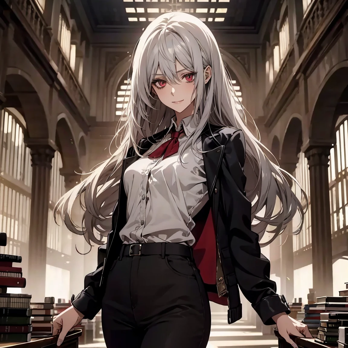 (Confused, High resolution, Very detailed), 1 female, Silver Hair,Long Hair,Crimson Eyes,Jackets and blouses,skinny pants,secretary,Low Tail,25th generation,Beautiful woman,mature,thin,quiet,Calm,Small breasts,A small smile,library