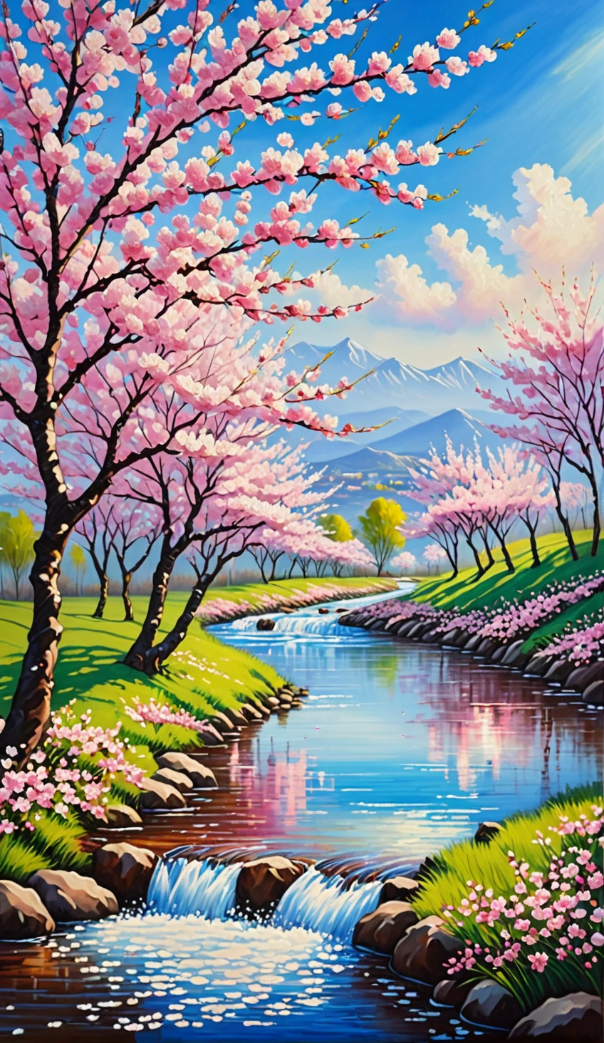 oil painting, Cherry blossoms, Sky (blue), Flowers (pink), Natural scenery, Fresh and clean, Cherry blossom tree, stream, Springtime, Beautiful landscape, Sunlight, Warm atmosphere, very detailed