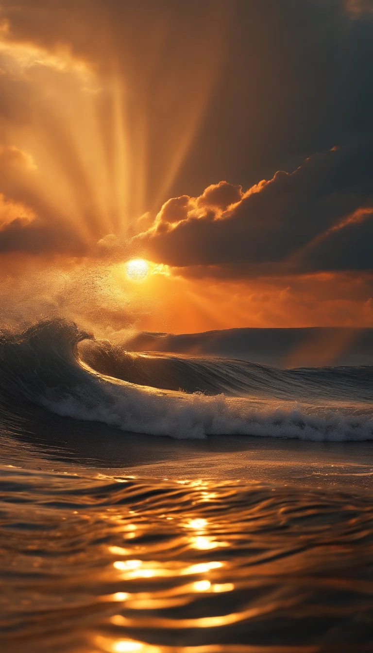 Masterpiece, best quality, (8k very detailed CG unit wallpaper) (best quality), (best illustration), (best shadows) a golden sea wave, bright orange aol sunset through the wave, golden droplets flying, (:1.6)