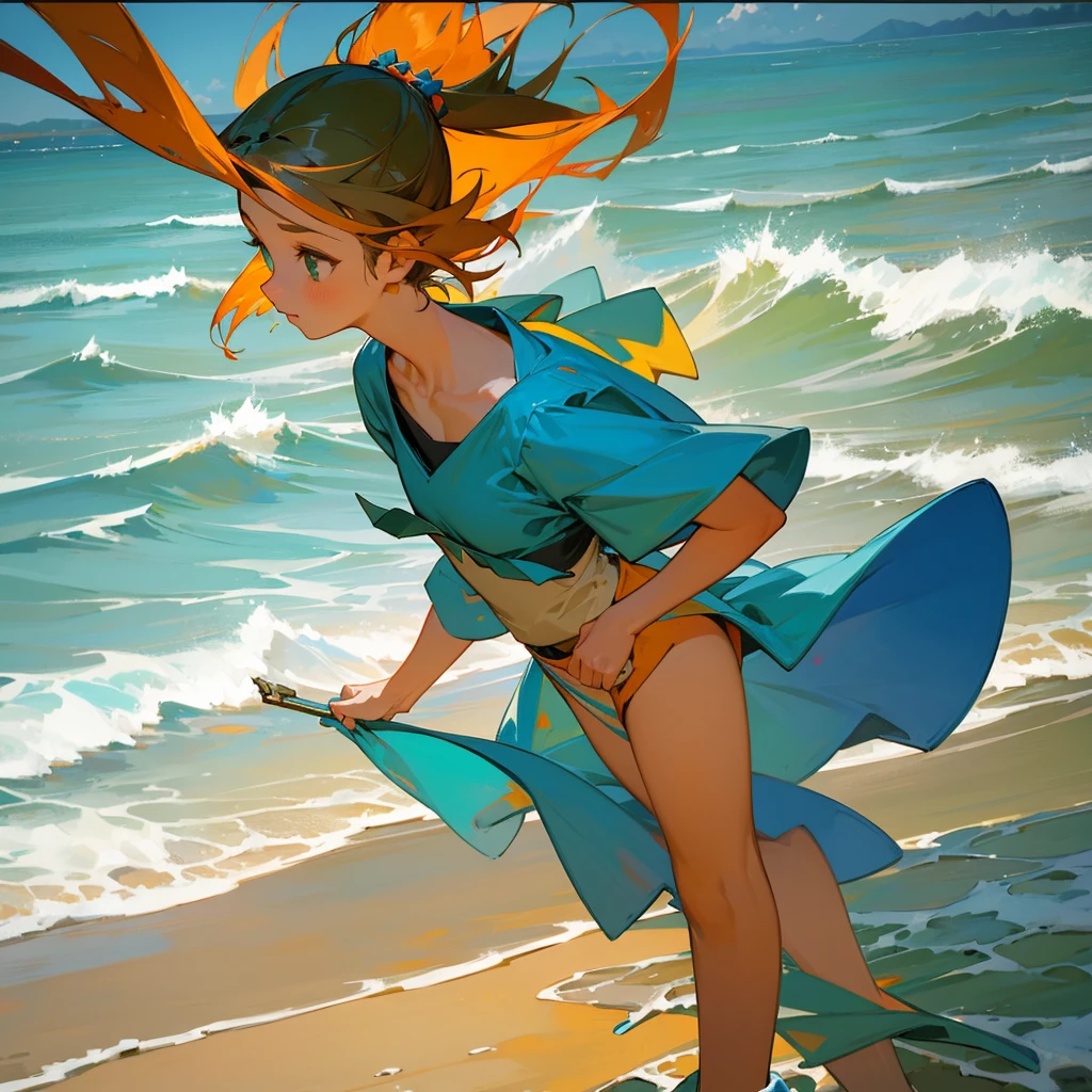 fantacy, green, blue, and orange color base, high fantacy settings, beach and ocean, girl wearing skirt and shirt, (painting)
