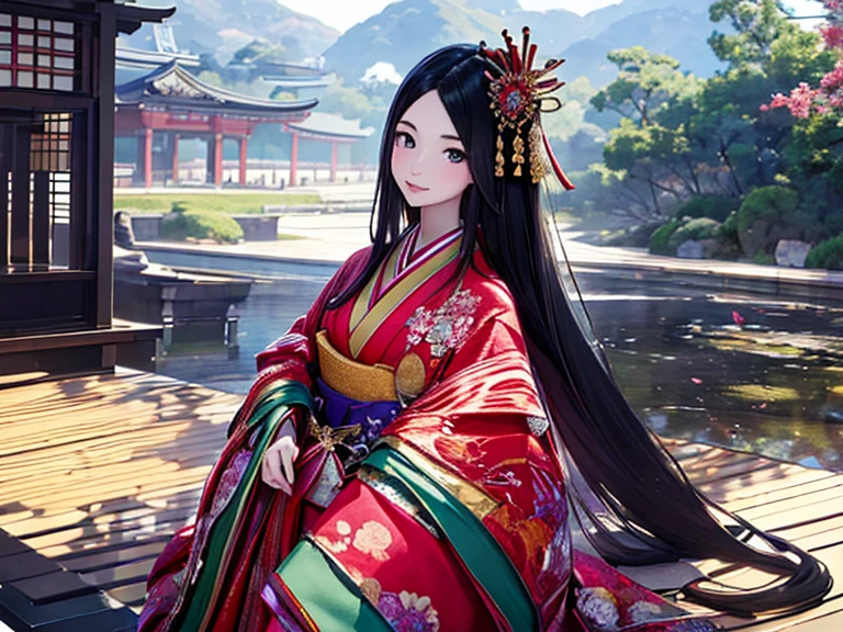 (Highest quality、 8k 、masterpiece、High resolution)、Heian period、A beautiful young woman from the nobility、、(Straight hair、Long, beautiful black hair)，(12 Single layer kimono、The beauty of layered colors)，Official Art、Detailed CG、