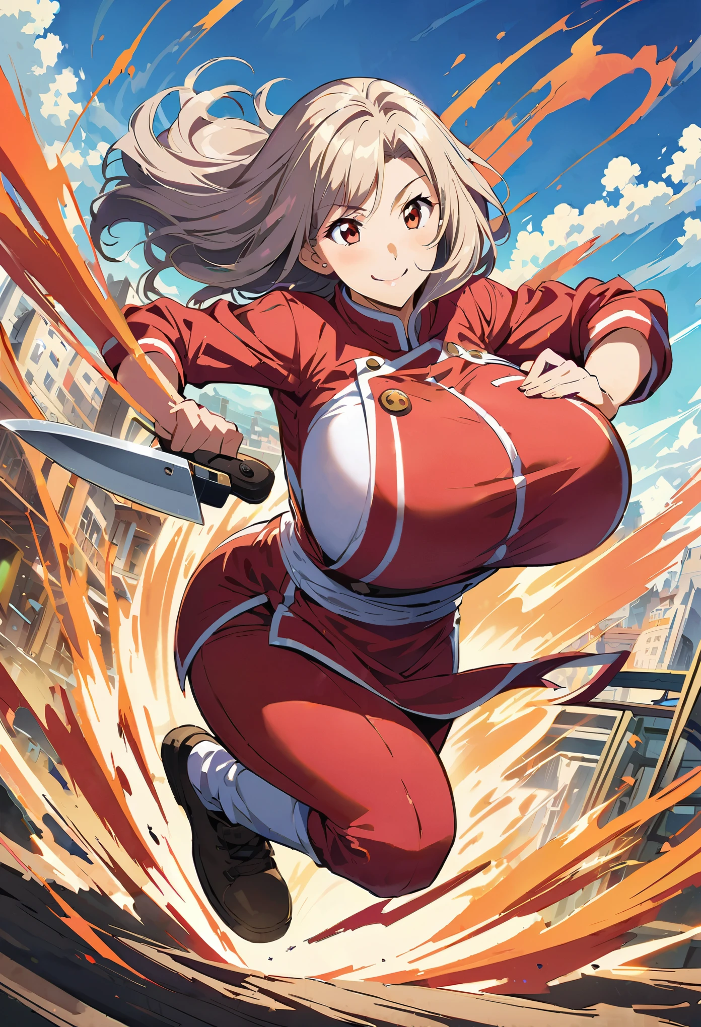 beautiful middle age woman floating over a urban city,sci fi, illustration by Makoto Sinkai,digital anime art,chef woman holding cooking knife,huge huge busty,side view,run,high-speed,Full body illustration, Beautiful woman running at full speed ,Anime illustration ,Sprint, Smile, French restaurant background