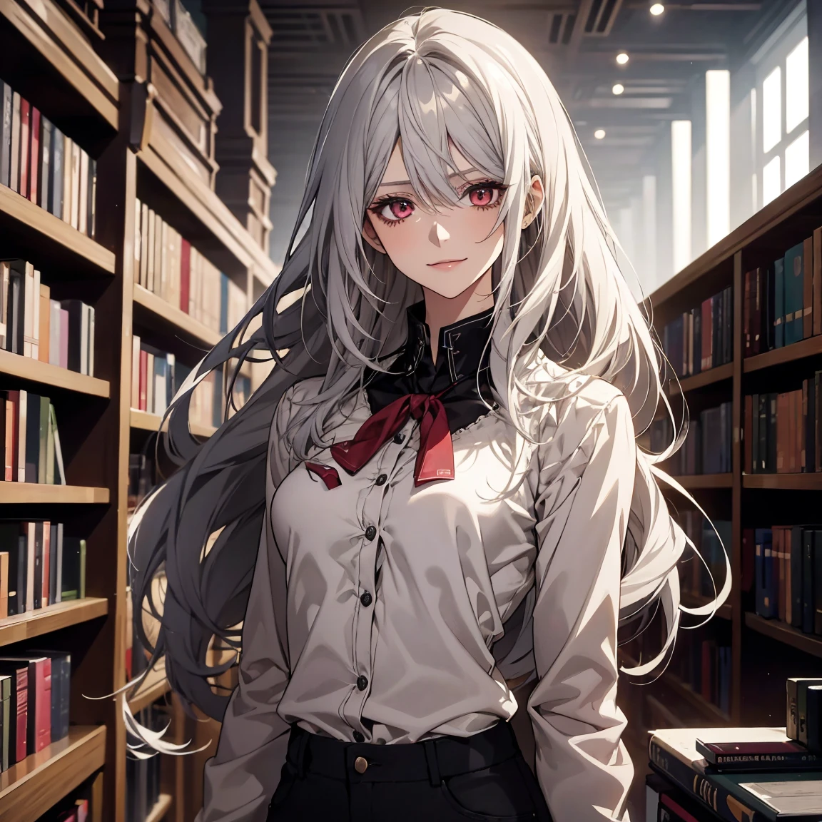 (Confused, High resolution, Very detailed), 1 female, Silver Hair,Long Hair,Crimson Eyes,Jackets and blouses,skinny pants,secretary,Low Pony,25th generation,Beautiful woman,mature,thin,quiet,Calm,Small breasts,A small smile,library