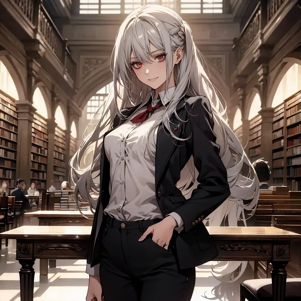 (Confused, High resolution, Very detailed), 1 female, Silver Hair,Long Hair,Crimson Eyes,Jackets and blouses,skinny pants,secretary,Low Pony,25th generation,Beautiful woman,mature,thin,quiet,Calm,Small breasts,A small smile,library
