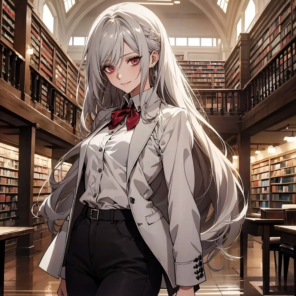 (Confused, High resolution, Very detailed), 1 female, Silver Hair,Long Hair,Crimson Eyes,Jackets and blouses,skinny pants,secretary,Low Pony,25th generation,Beautiful woman,mature,thin,quiet,Calm,Small breasts,A small smile,library