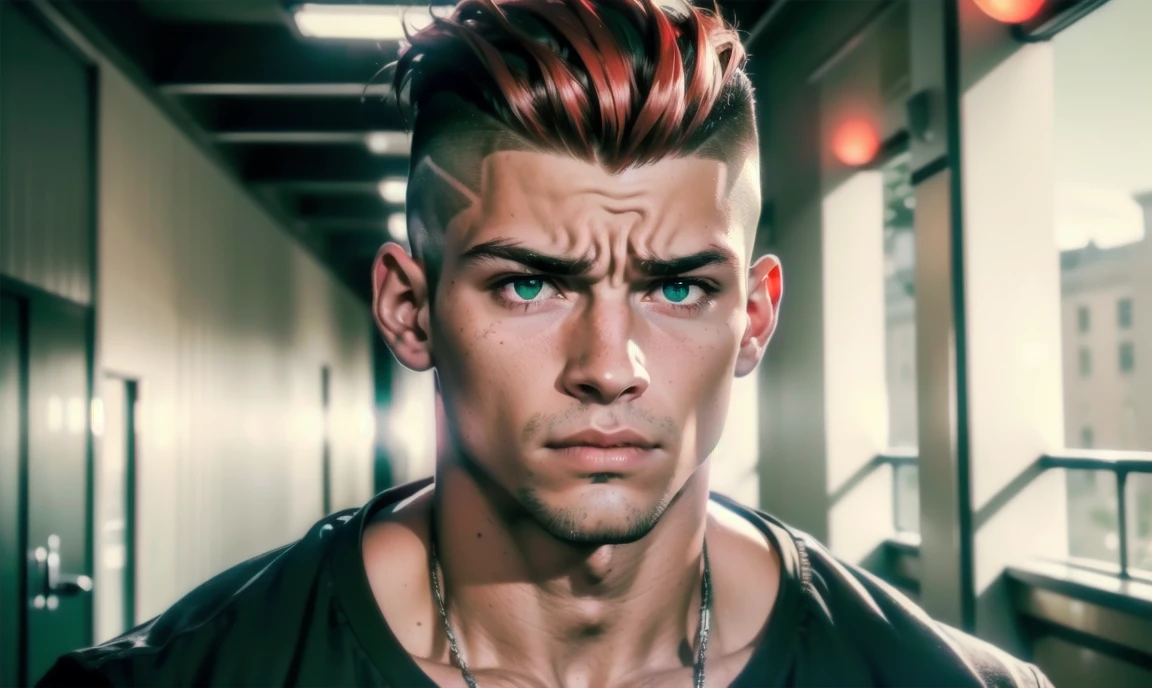 "((highly detailed, detailed eyes, detailed face, clear and realistic facial features, photorealistic, realistic light; cinematic)), (1 man), ((((school hallway background)))), (((gorgeous athletic tough bully male))), ((18-year-old teenage male)), ((((glaring satisfied expression)))), ((intimidating mood)), ((blue-green eyes)), ((short black hair with an undercut)), (((dressed in tough clothes))), ((red tint in hair))."